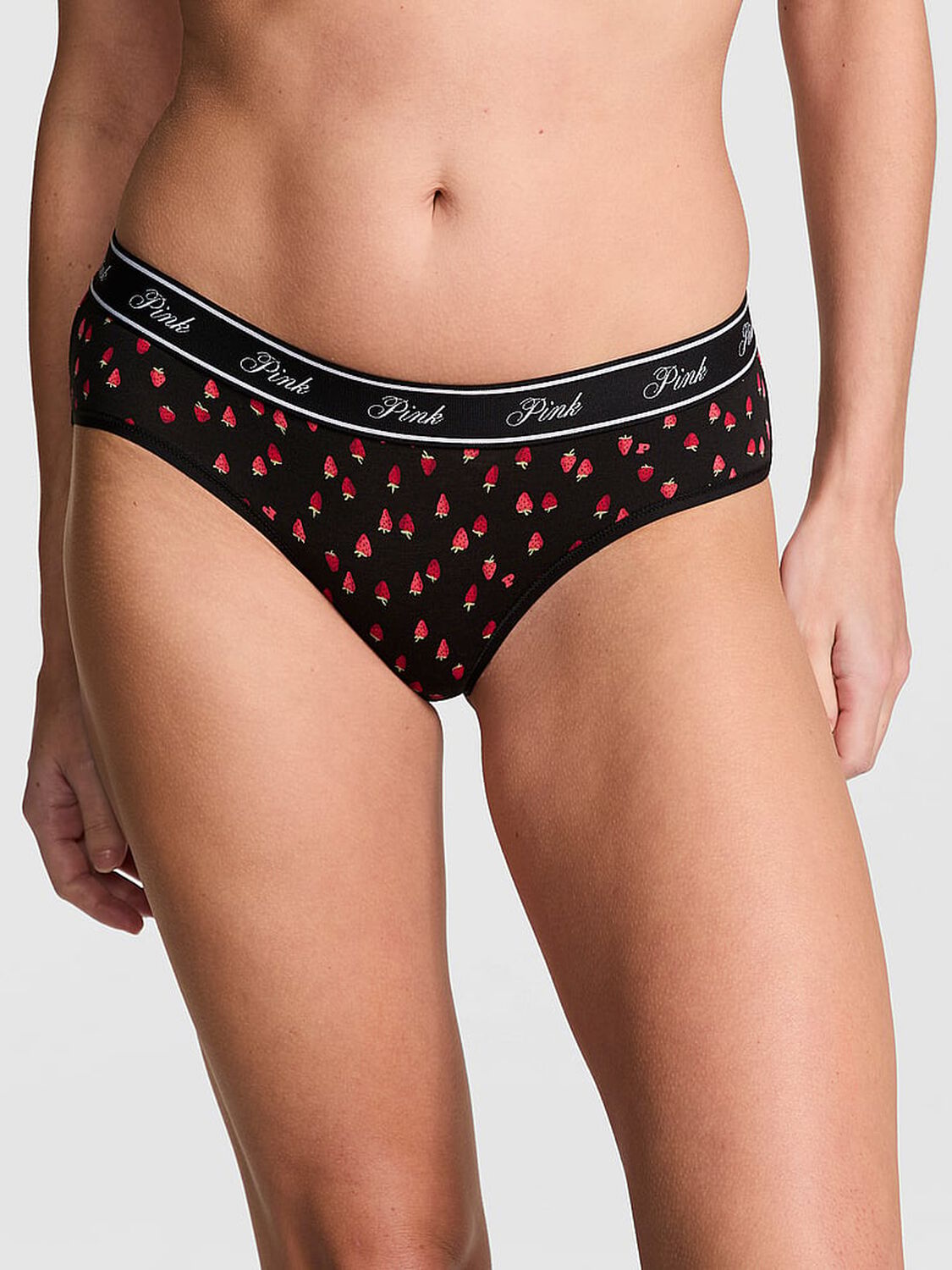 vs Pink Logo Cotton Hiphugger Panty Black Strawberry Print 1 of 3 