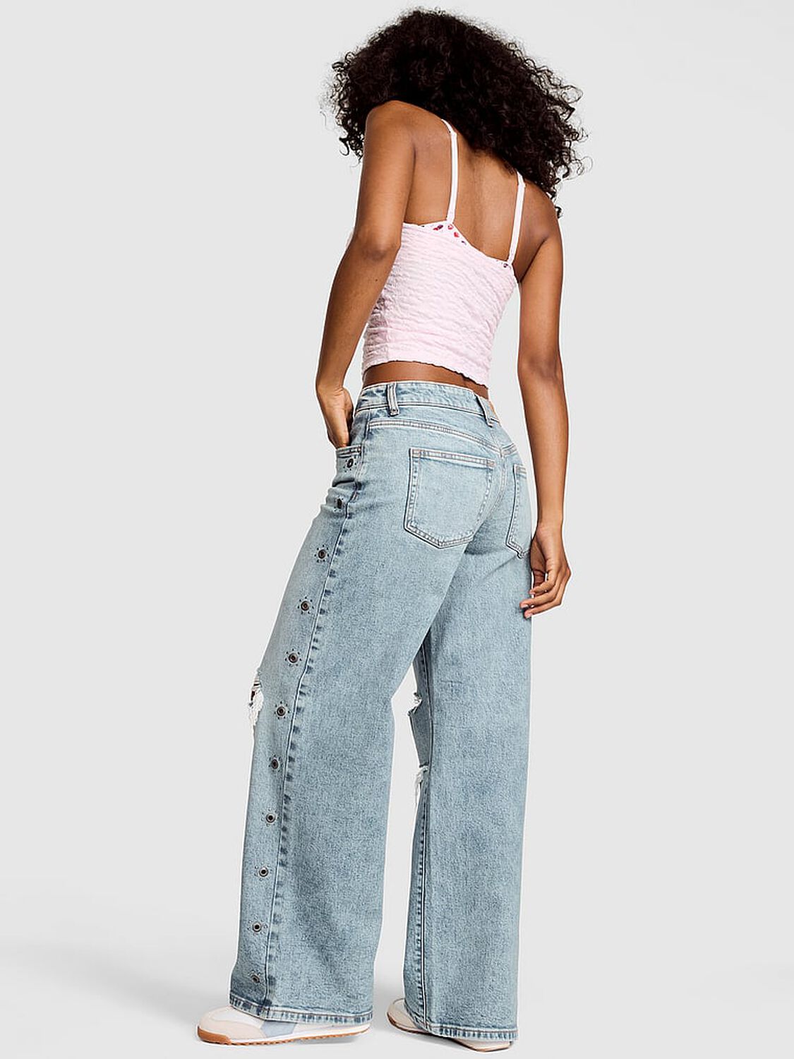 vs Pink Denim by PINK Mid-Rise Baggy Wide-Leg Jeans Medium Wash Grommet 2 of 4 
