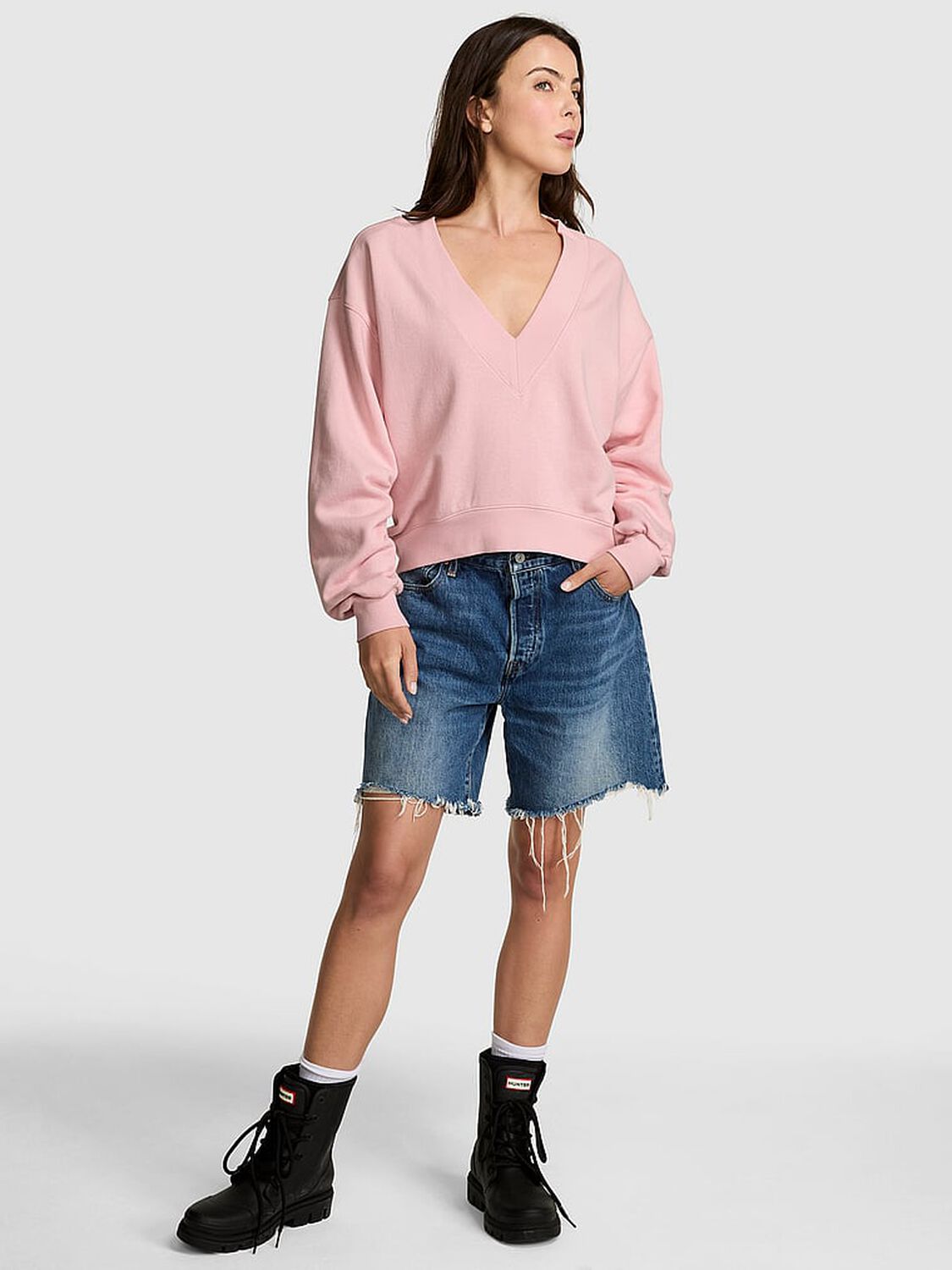 vs Pink Ivy Fleece V-Neck High-Low Cropped Sweatshirt Doll House 1 of 3 