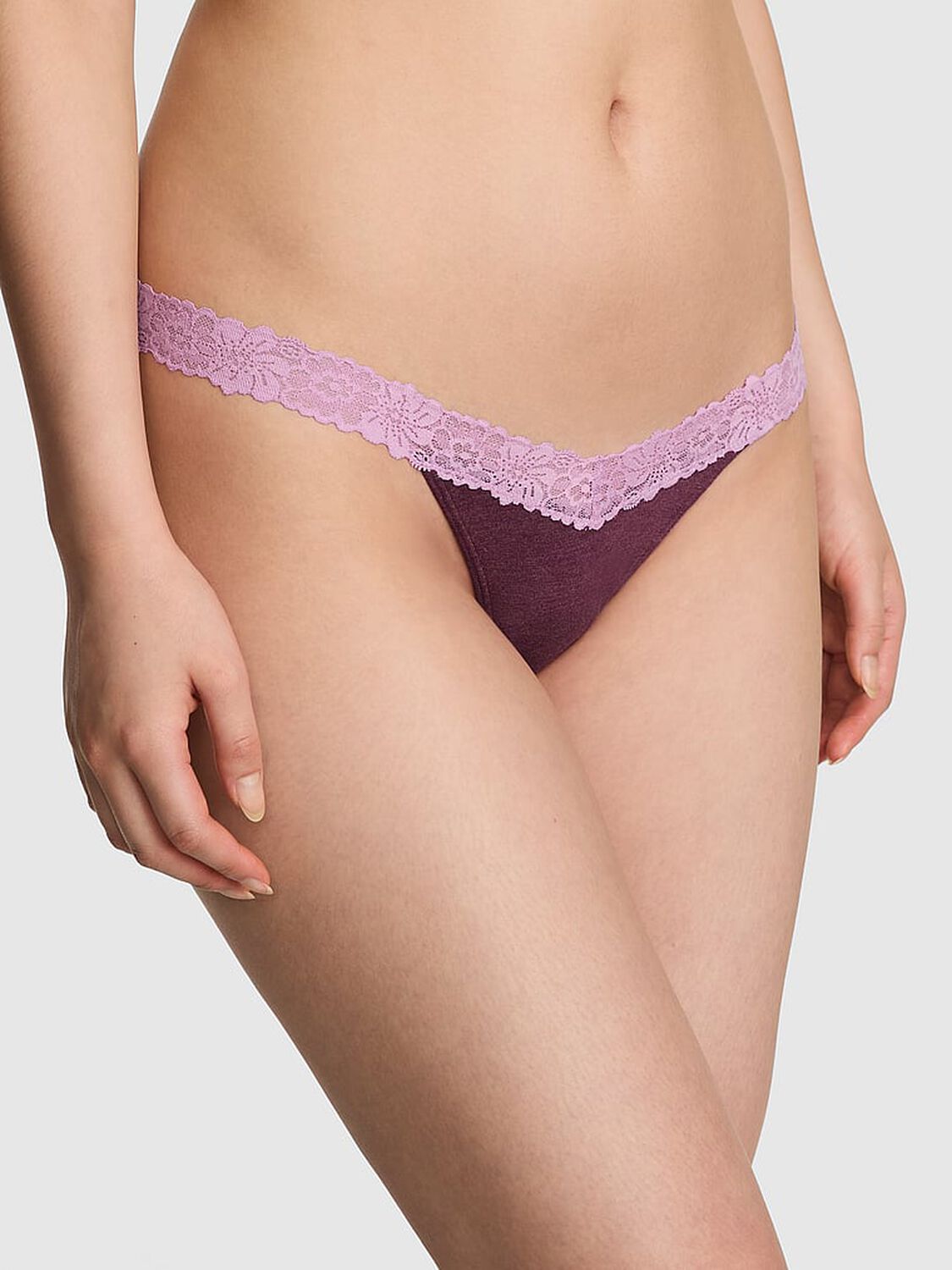 vs Pink Cotton Lace-Trim Thong Panty Burgundy 1 of 3 