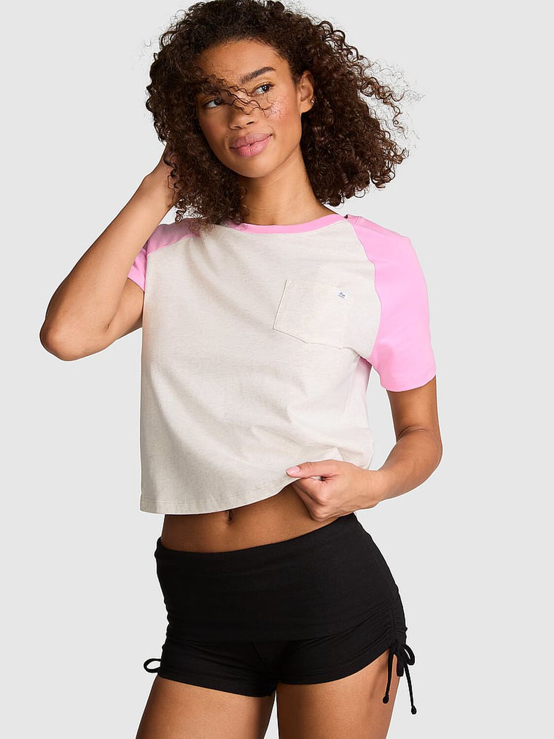 vs Pink Cotton Raglan Sleep Tee Snow Heather & Pink Tulip 1 of 3 