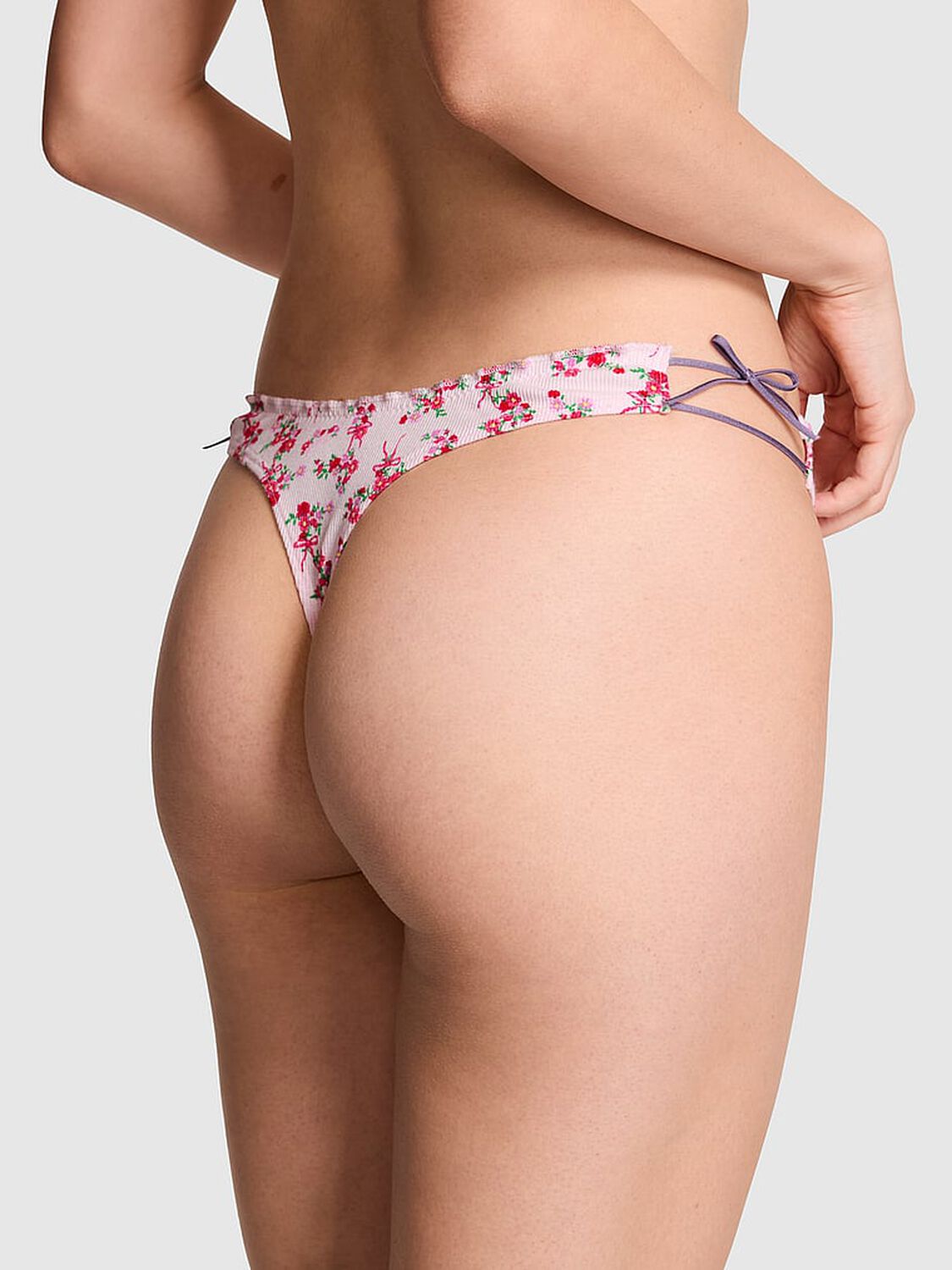 vs Pink Cotton Side-Tie Thong Panty Pink Tulip Floral Bow 2 of 3 