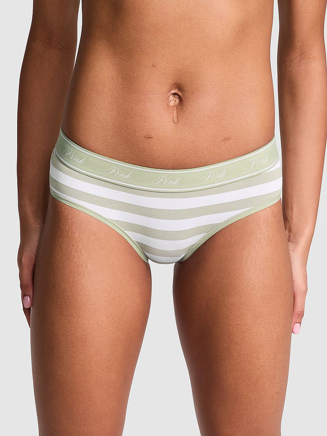 vs Pink Logo Cotton Hiphugger Panty Green Garden White Stripe Print 1 of 3 