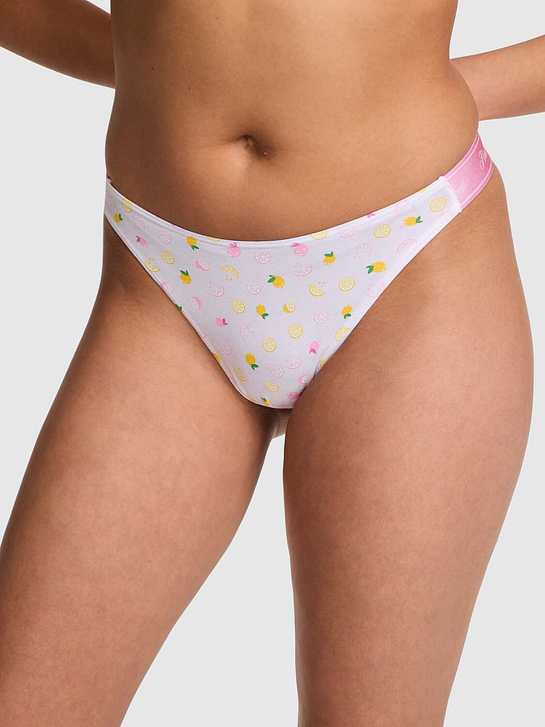 vs Pink Logo Cotton Shine High-Leg Thong Panty White Lemon Print 1 of 4 