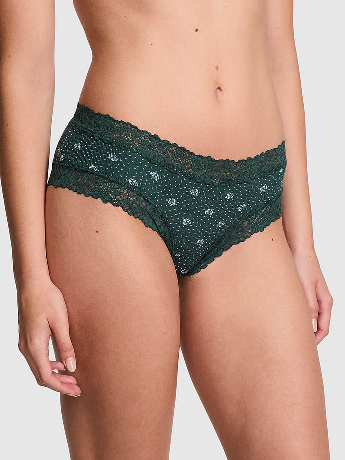 vs Pink Wink Lace-Trim Cheeky Panty Green Floral Print 1 of 3 