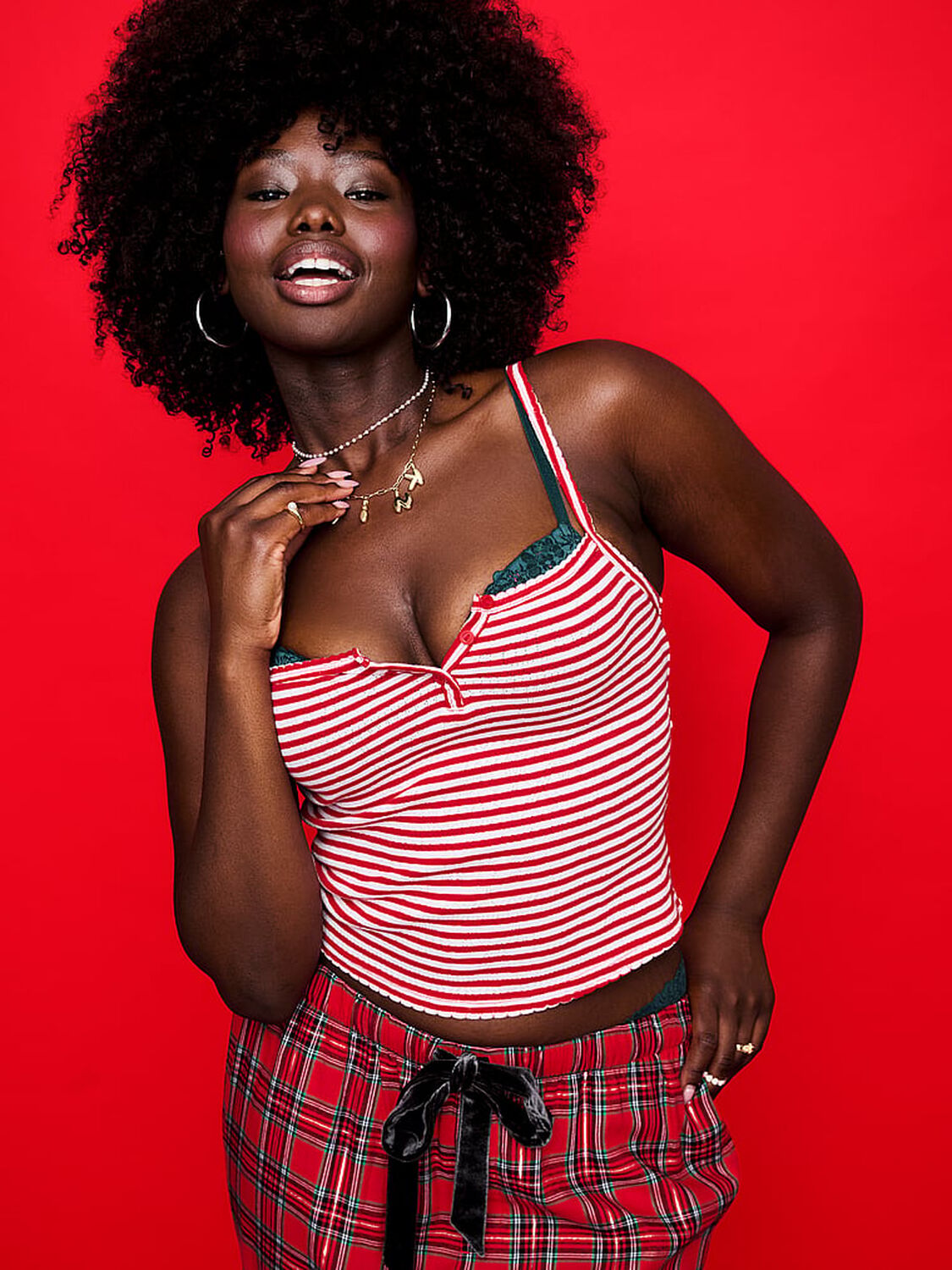 vs Pink Flannel Pajama Pants Bright Vermillion/ Deep Forest Plaid 1 of 2 