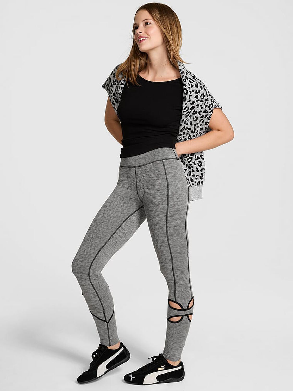 vs Pink Relay Cut-Out Leggings Pure Black Marl 1 of 4 