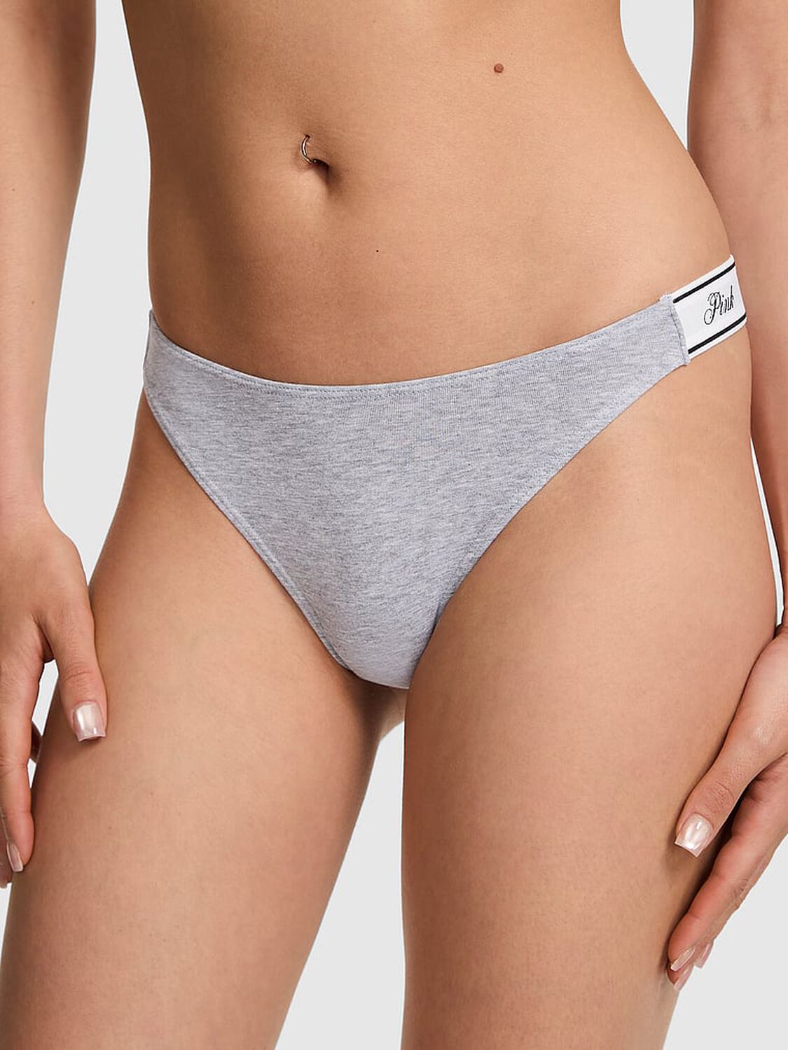 vs Pink Logo Cotton Shine High-Leg Thong Panty Medium Heather Grey 1 of 3 