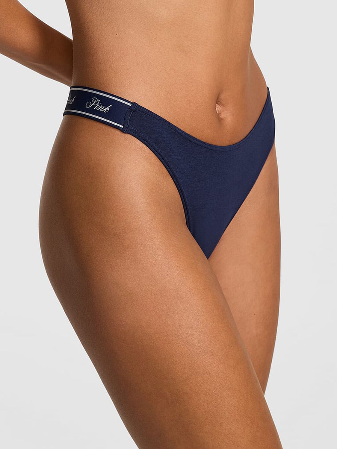 vs Pink Logo Cotton Shine High-Leg Thong Panty Midnight Navy 1 of 3 