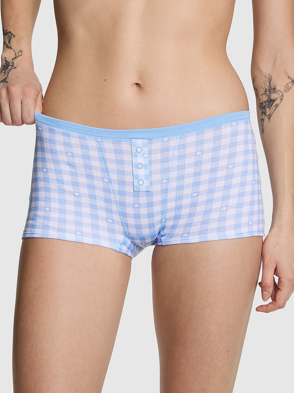 vs Pink Cotton Dorm Boyshort Panty Blue Gingham 1 of 3 