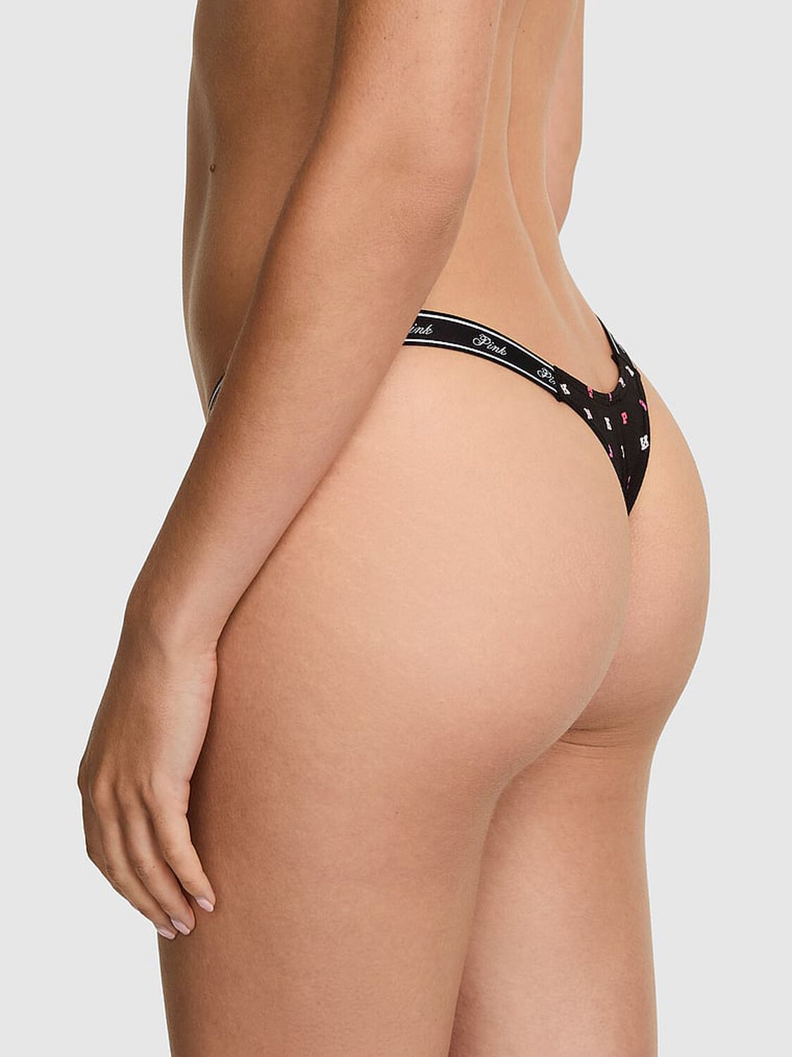 vs Pink Logo Cotton High-Leg Micro Thong Panty Black Block P I N K Print 2 of 3 