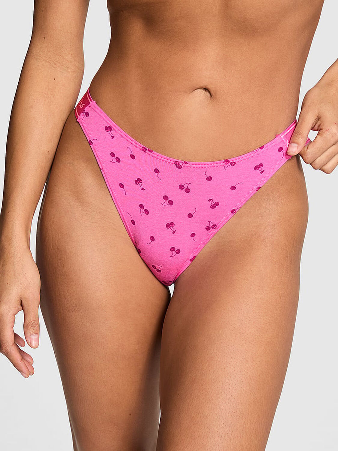 vs Pink Logo Cotton Shine High-Leg Thong Panty Sizzling Strawberry Cherry Print 1 of 3 