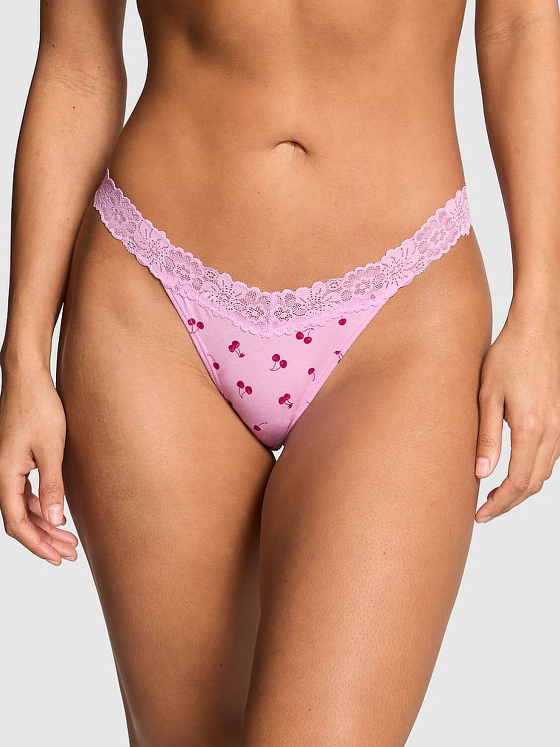 vs Pink Cotton Lace-Trim Thong Panty Hushed Lilac Cherry  With Purple Lace 1 of 3 