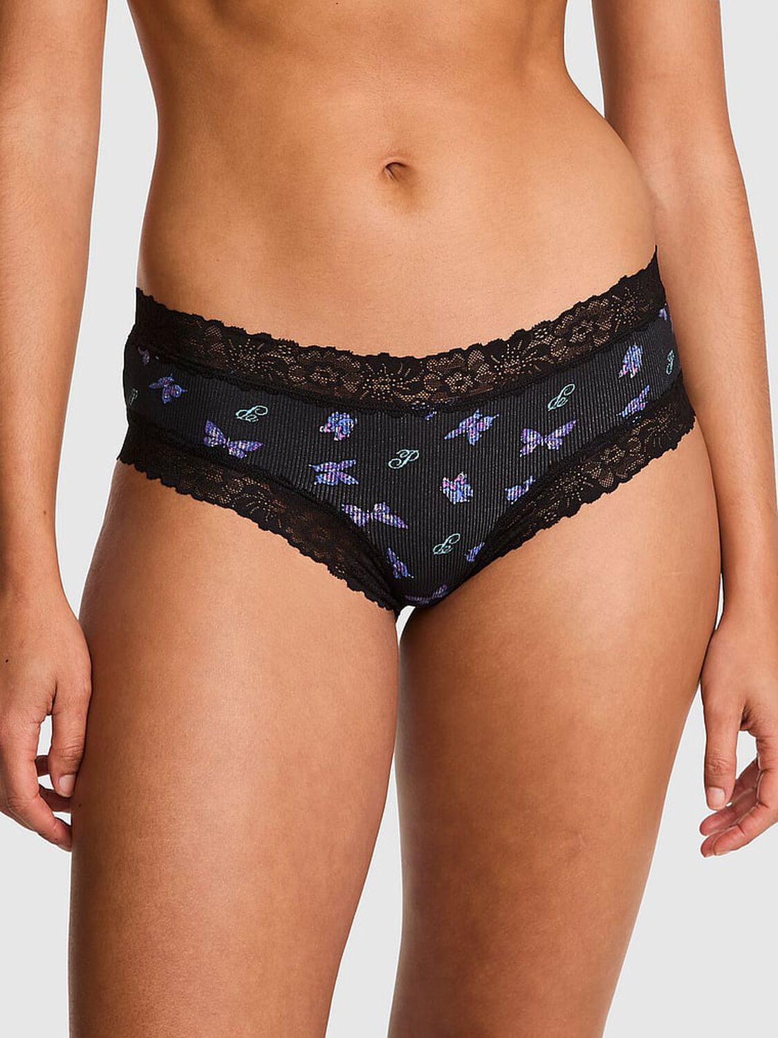 vs Pink Wink Lace-Trim Cheeky Panty Black Butterfly Print 1 of 3 