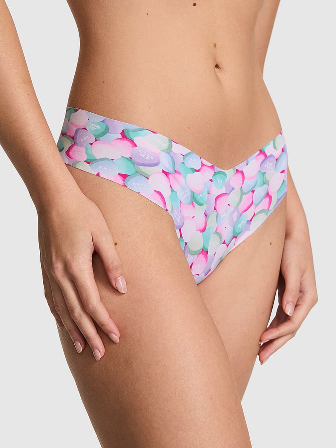 pink Pink No-Show Thong Panty Green Photo Real Candy Heart 1 of 3 
