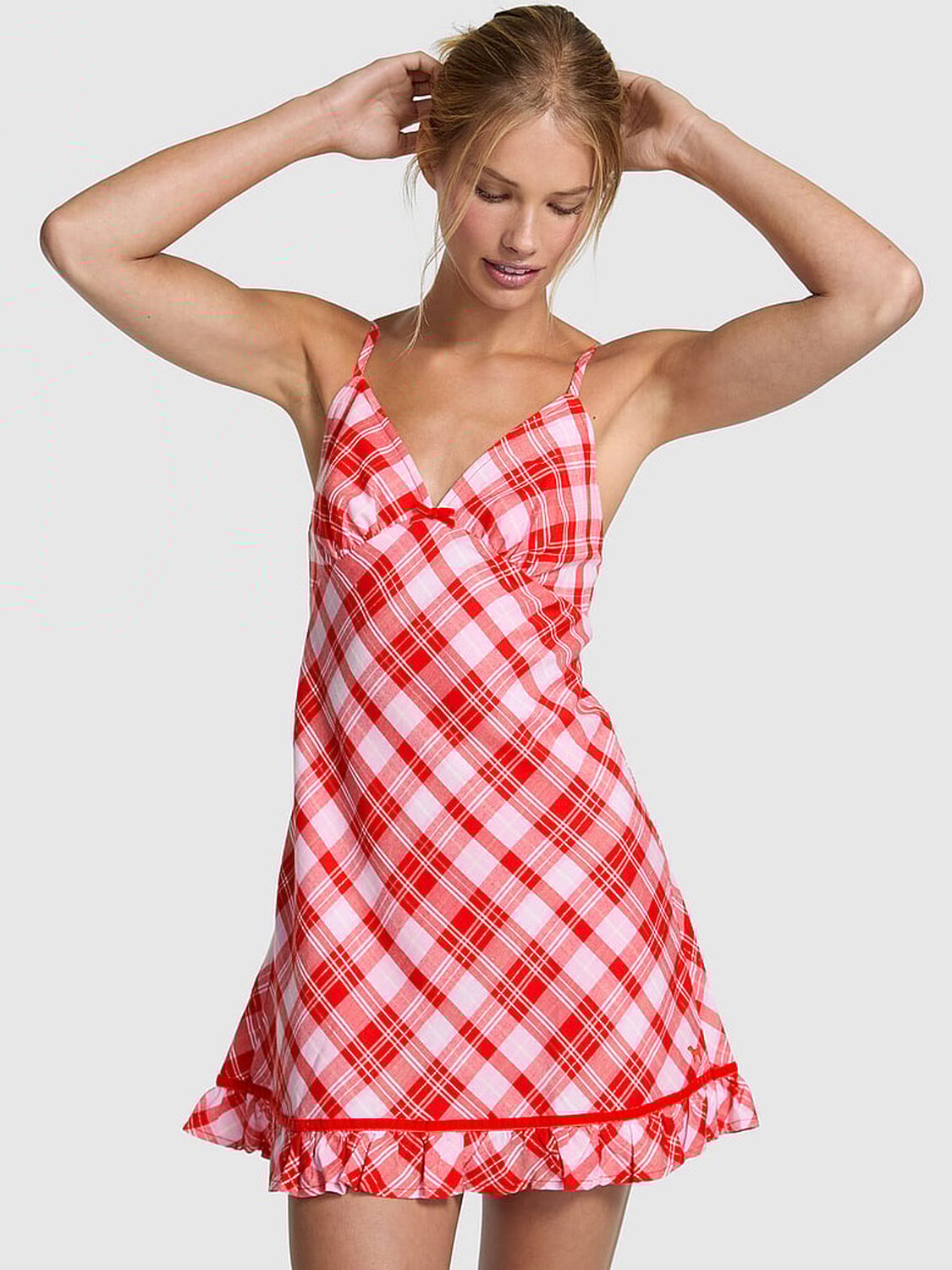 vs Pink Flannel Sleep Dress Bright Vermillion/Pink Plaid 1 of 2 