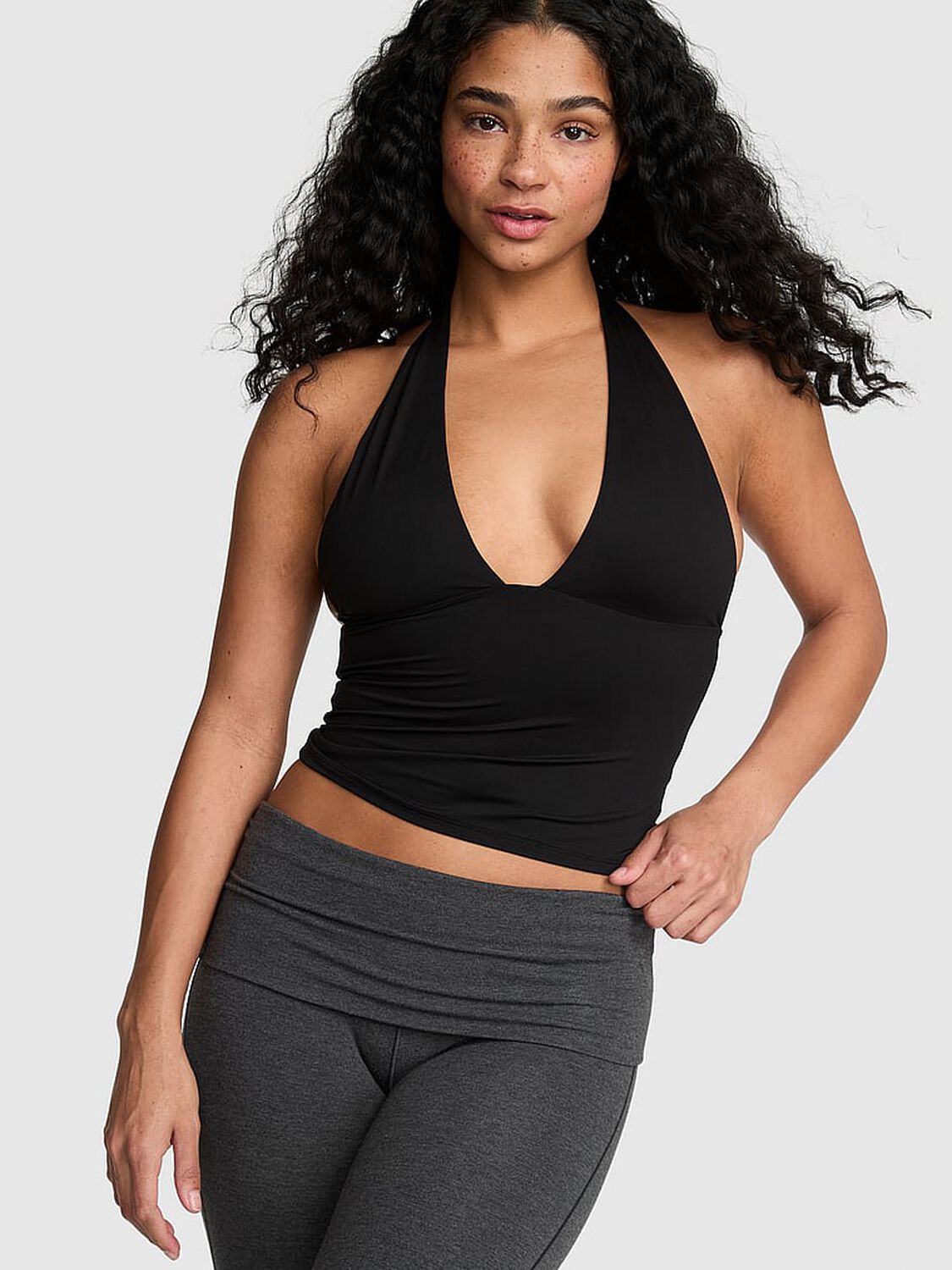 vs Pink PINK Base Stretch&trade; Plunge Halter Top Pure Black 1 of 2 