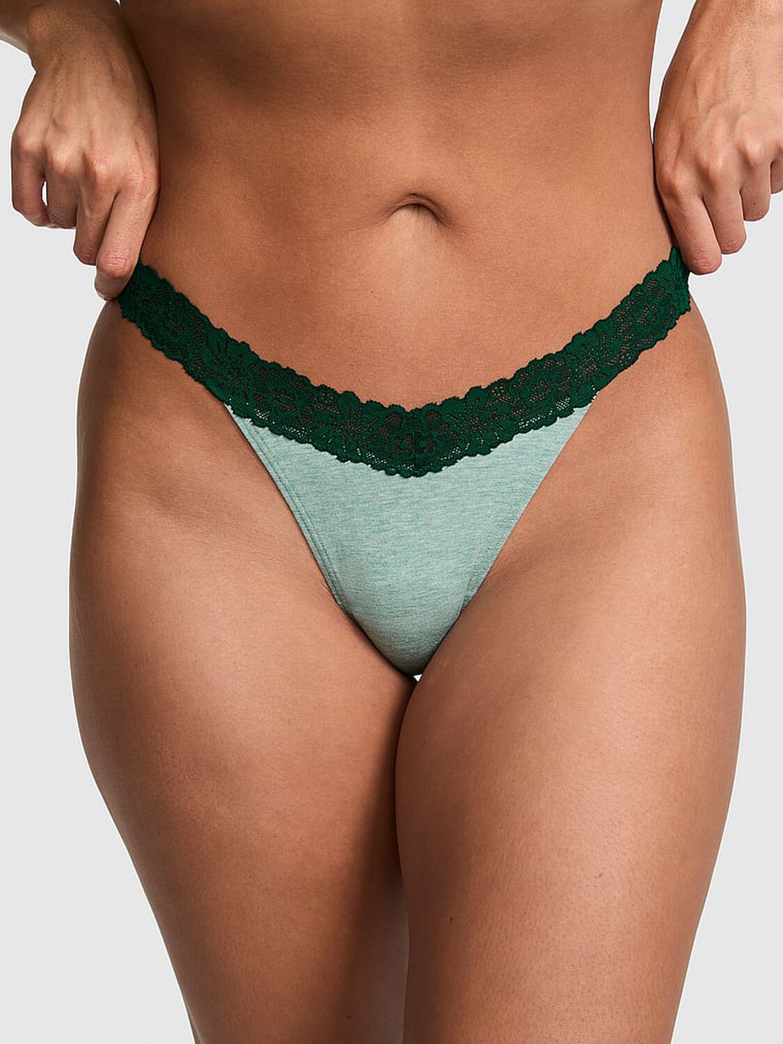 vs Pink Cotton Lace-Trim Thong Panty Heather Soft Sage With Dark Garden Lace 1 of 3 