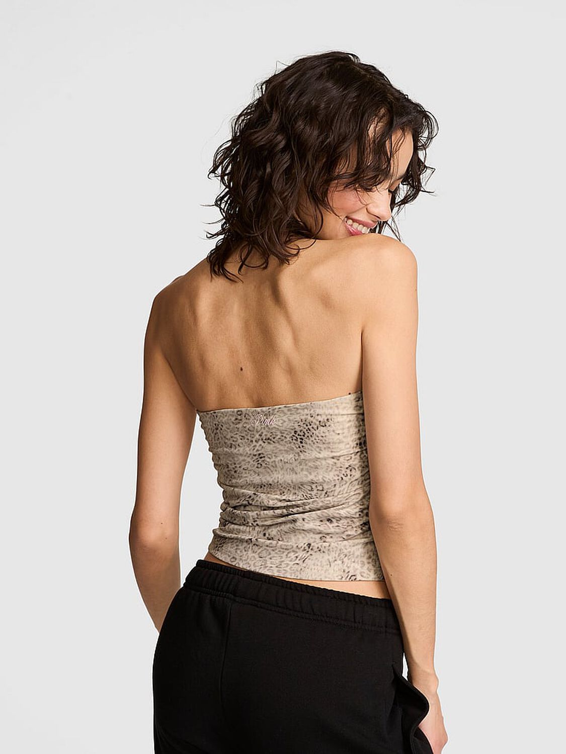 vs Pink All-Day Cotton&trade; Side-Ruched Tube Top Natural Leo Print With Pink Tulip Lace 2 of 3 
