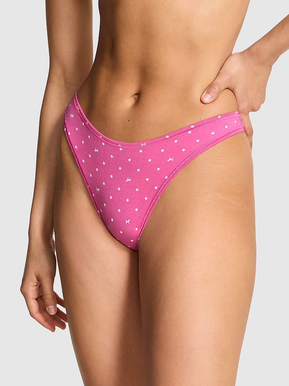 vs Pink Cotton High-Leg Thong Panty Pink Gossip Dot Dog Print 1 of 3 