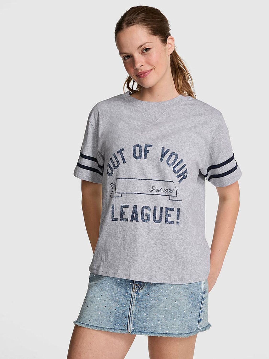 vs Pink Campus Cotton&trade; V-Stitch Crewneck Boxy Tee Heather Grey 1 of 3 