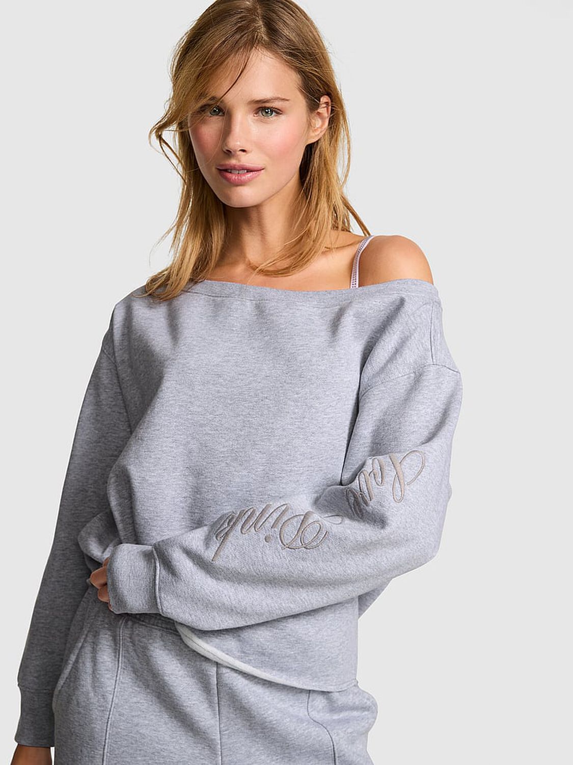 vs Pink Campus Fleece&trade; Rib Off-The-Shoulder Sweatshirt Medium Heather Grey Spring 1 of 3 