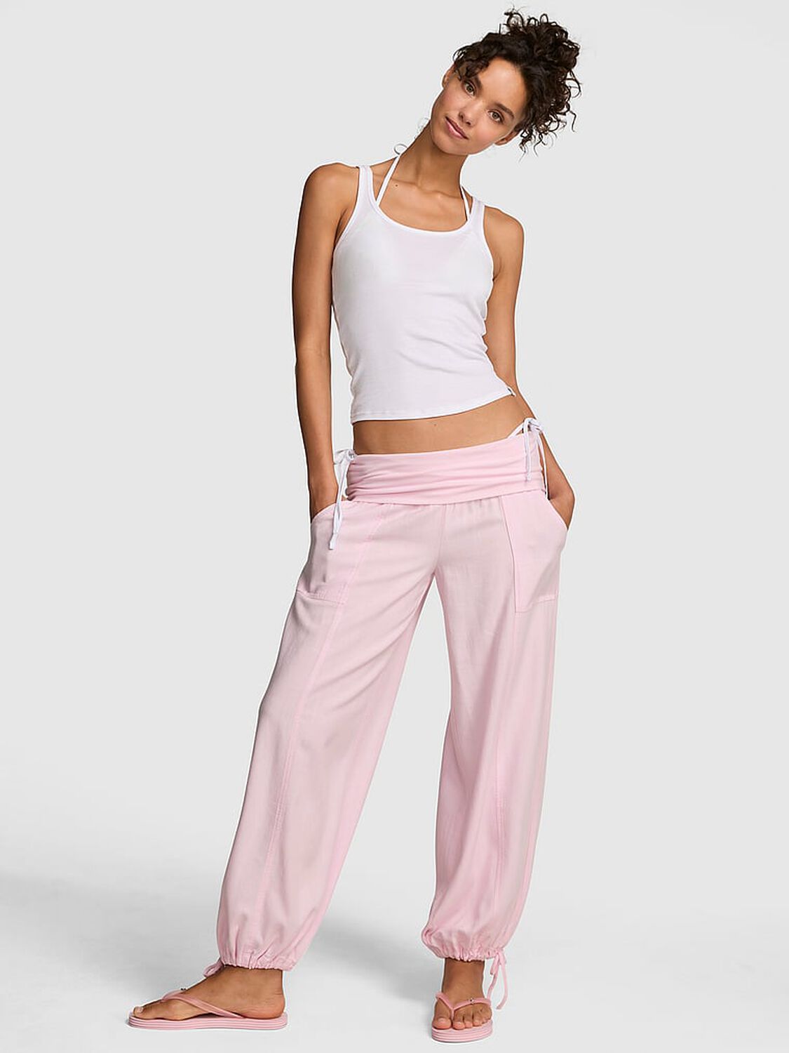 vs Pink Foldover Linen Jogger Pants Pink Tulip 1 of 3 