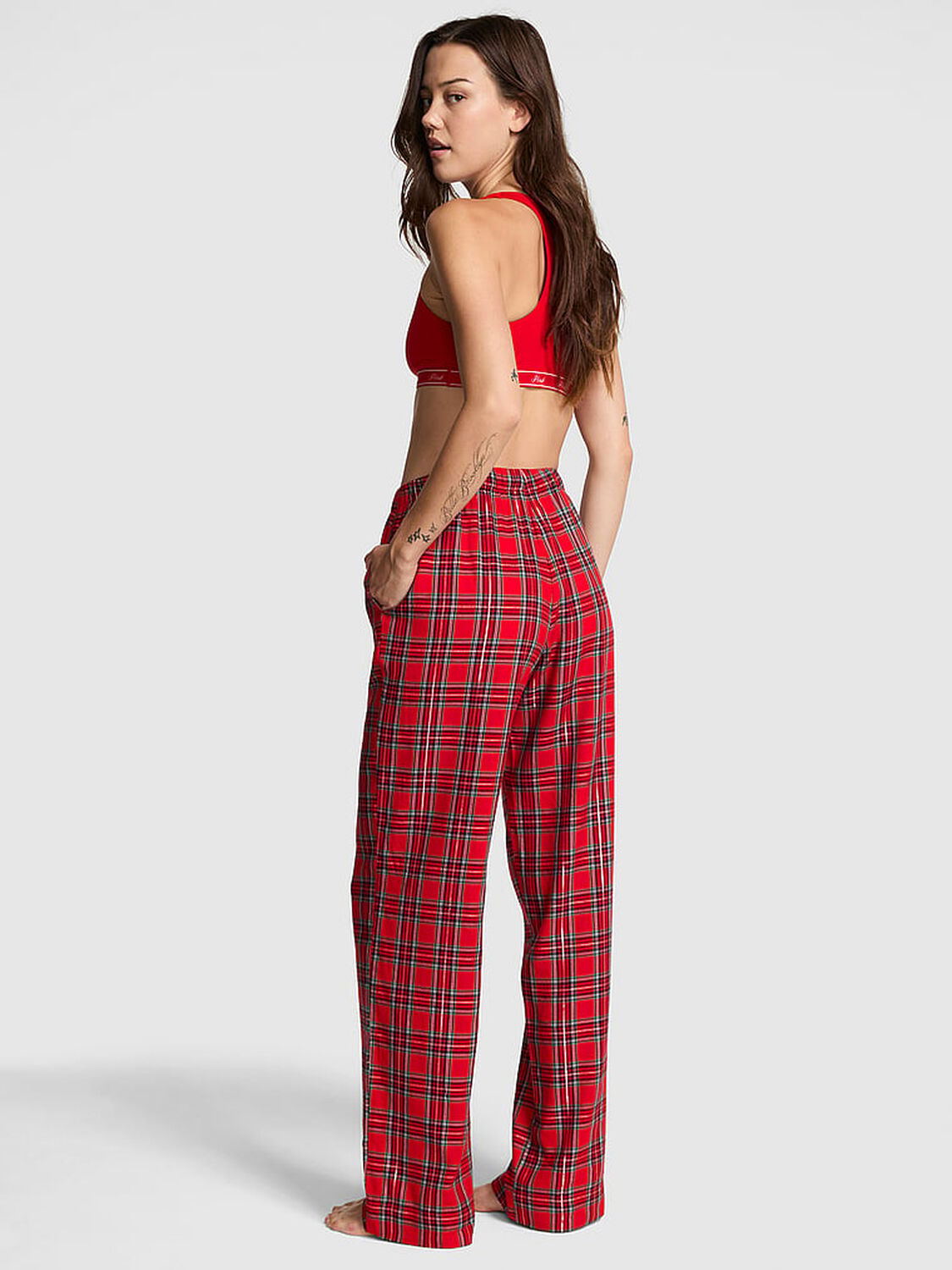 vs Pink Flannel Pajama Pants Bright Vermillion/ Deep Forest Plaid 2 of 2 