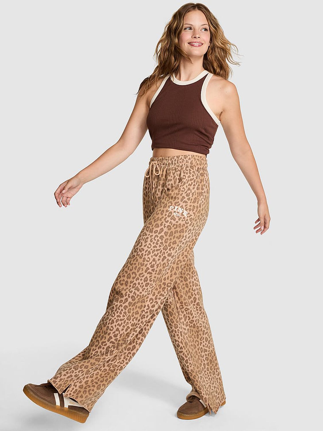 vs Pink Ivy Fleece Wide-Leg Split-Hem Sweatpants Leopard 1 of 3 