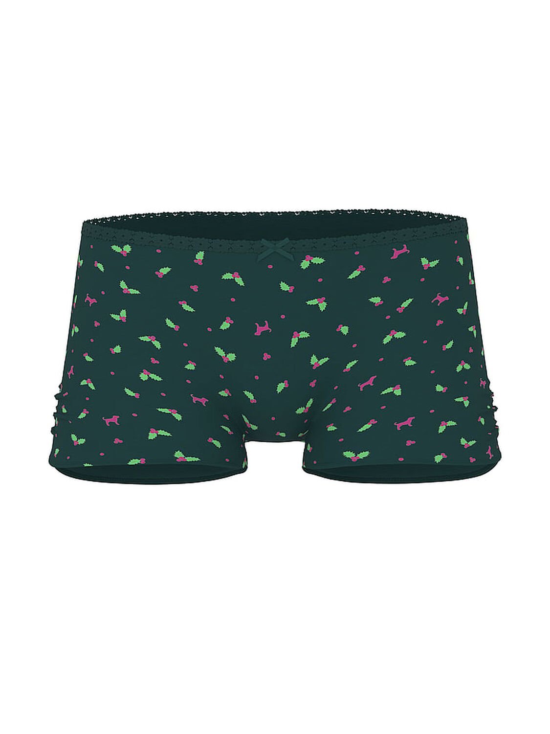 vs Pink Cotton Dorm Boyshort Panty Deep Forest Holly Print With Deep Forest Lace 1 of 2 