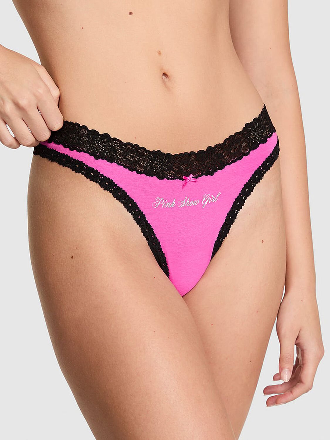 vs Pink Cotton Lace-Trim High-Leg Thong Panty Pink Gossip Showgirl Graphic 1 of 4 