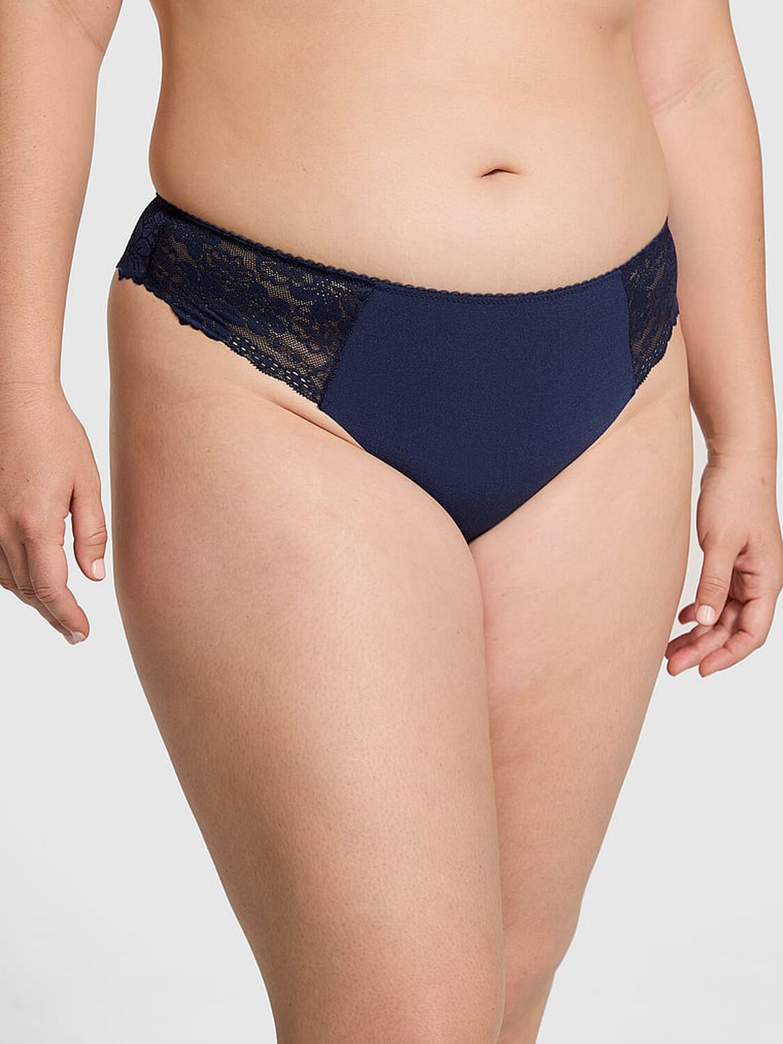 vs Pink No-Show Thong Panty Midnight Navy Lace Trim 1 of 3 