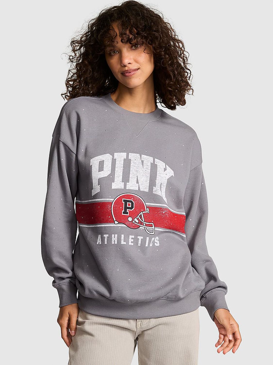 vs Pink Ivy Fleece Oversized Crew Sweatshirt Night Owl Grey Game Day Diamante 1 of 3 