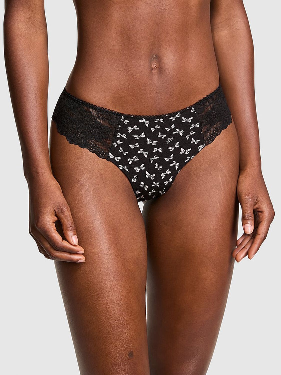 vs Pink No-Show Thong Panty Pure Black Bow Print 1 of 3 