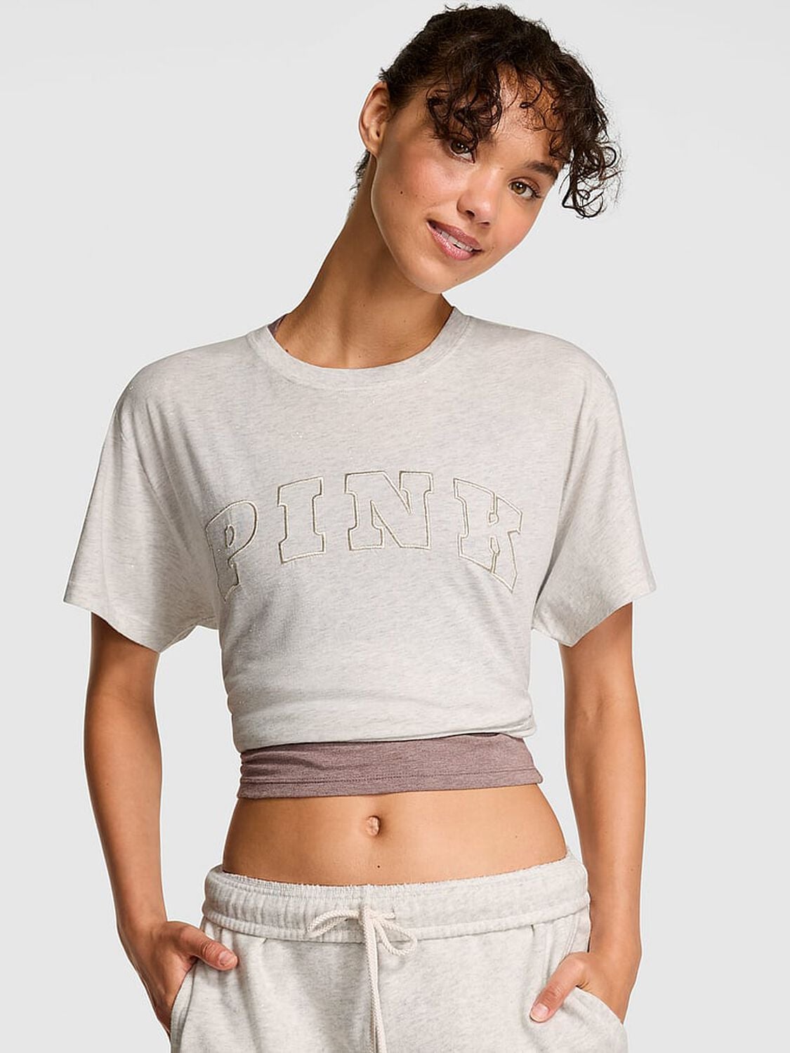 pink Pink Campus Cotton Bling Tee Heathered Snow Woven Shine 1 of 2 