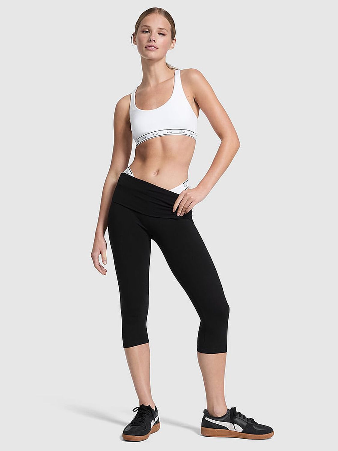 vs Pink All-Day Cotton Foldover Capri Leggings Pure Black 1 of 2 