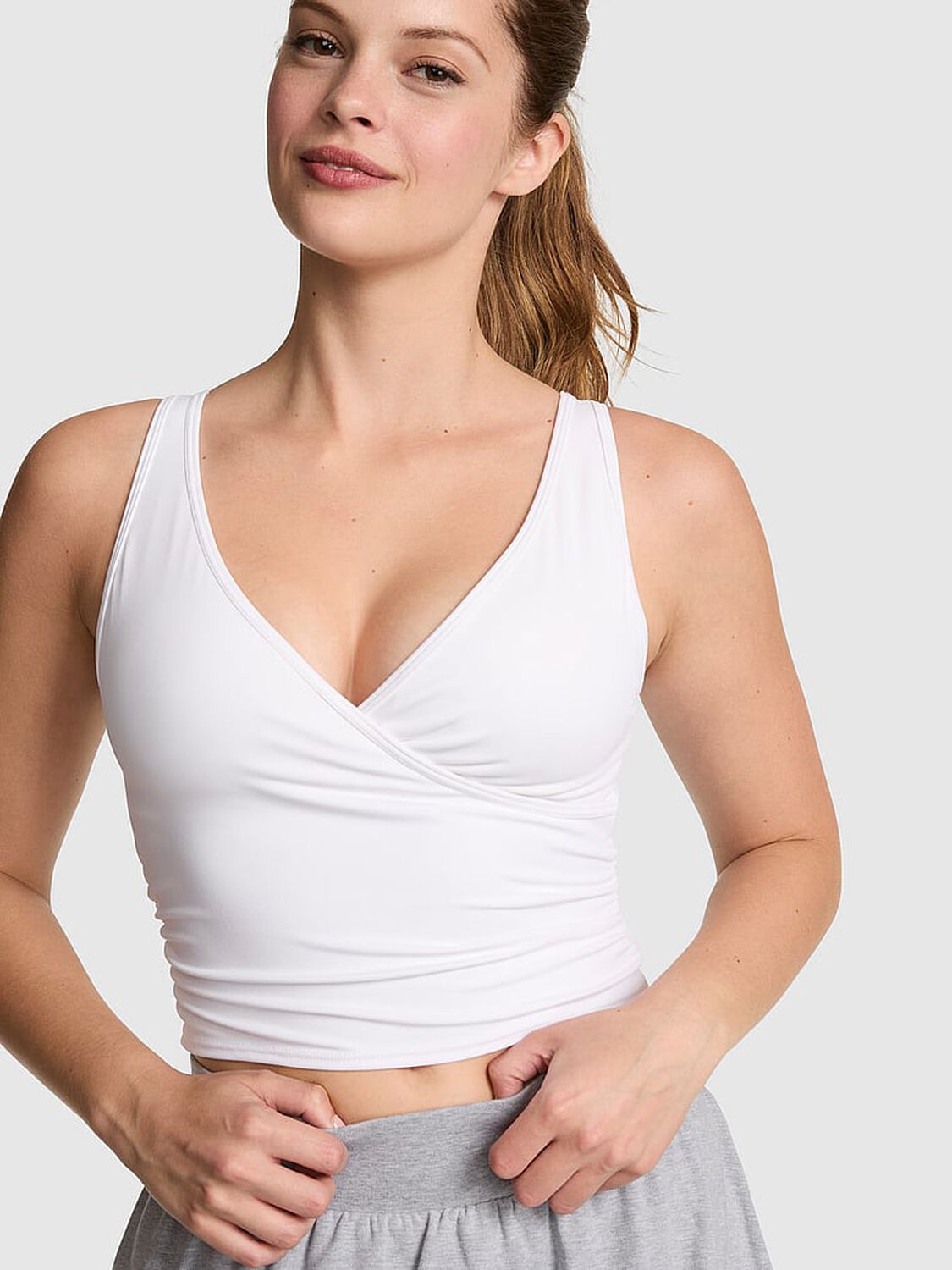 vs Pink PINK Relay&trade; Ruched Wrap Bra Tank Vs White 1 of 2 