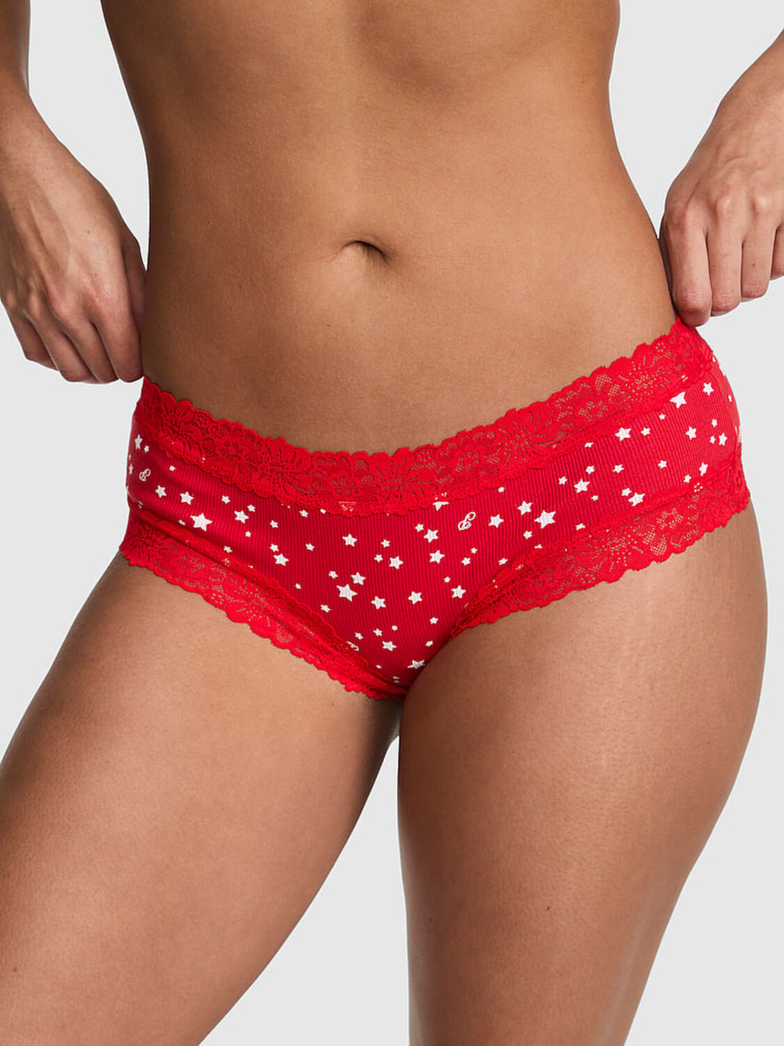 vs Pink PINK Wink&trade; Lace-Trim Cheeky Panty Red Star Print 1 of 2 