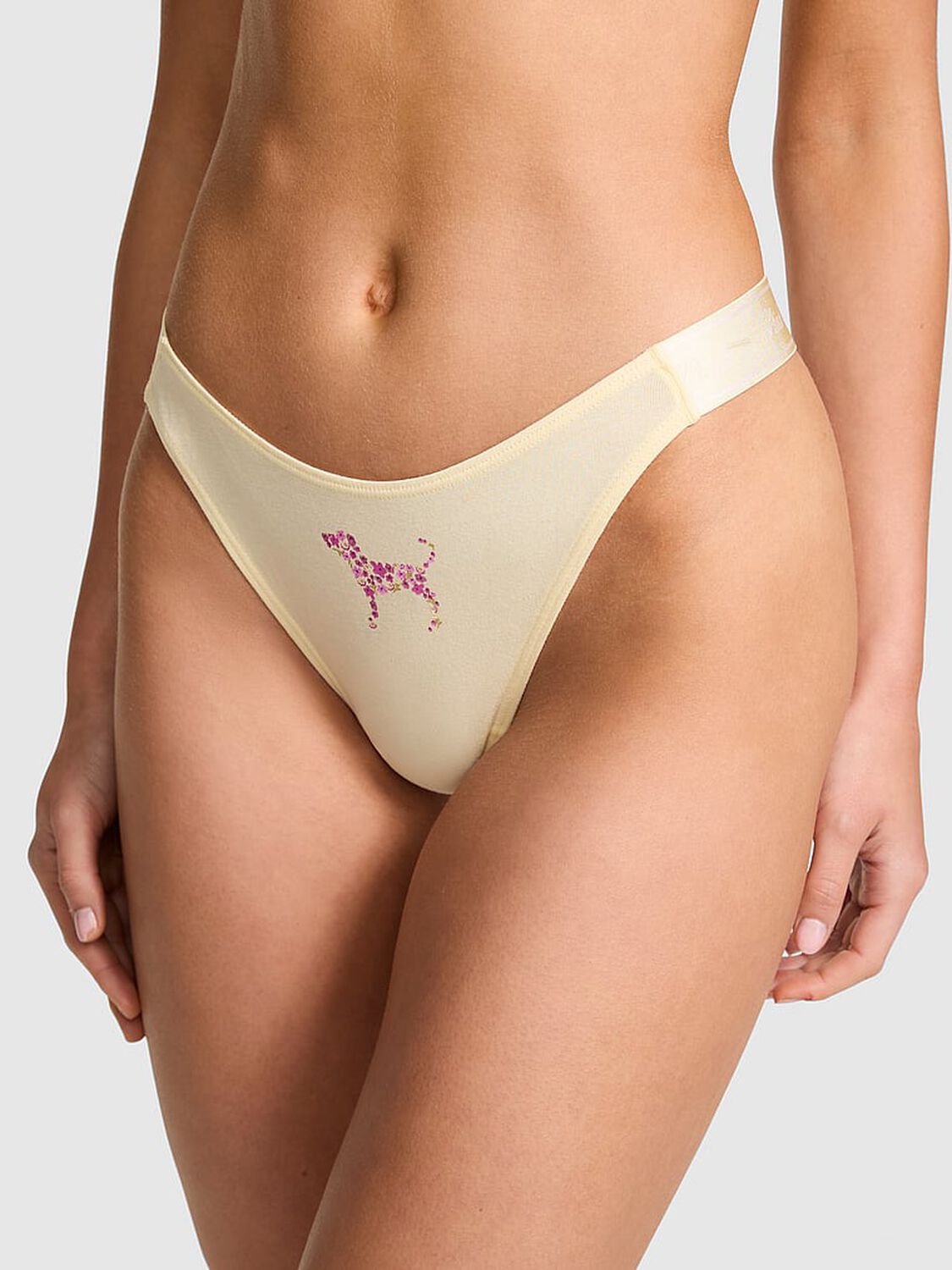 vs Pink Logo Cotton Shine High-Leg Thong Panty Palest Yellow With Dog Graphic 1 of 3 