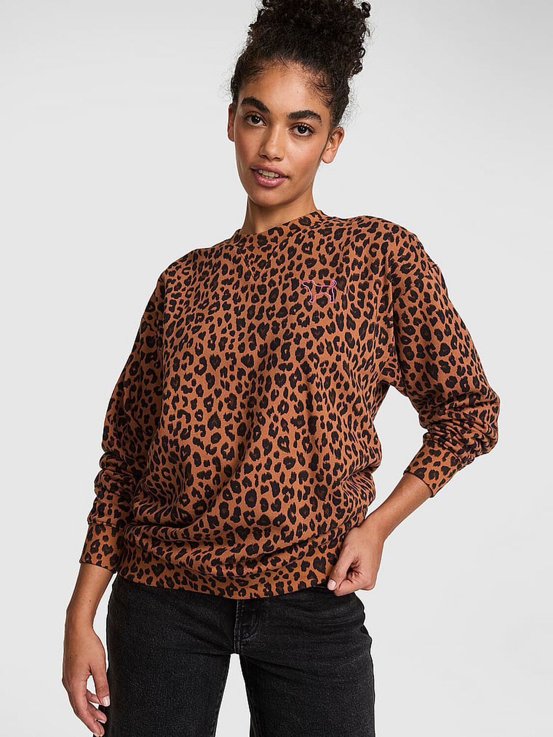 vs Pink Campus Fleece&trade; Oversized Crew Sweatshirt Leopard 1 of 3 
