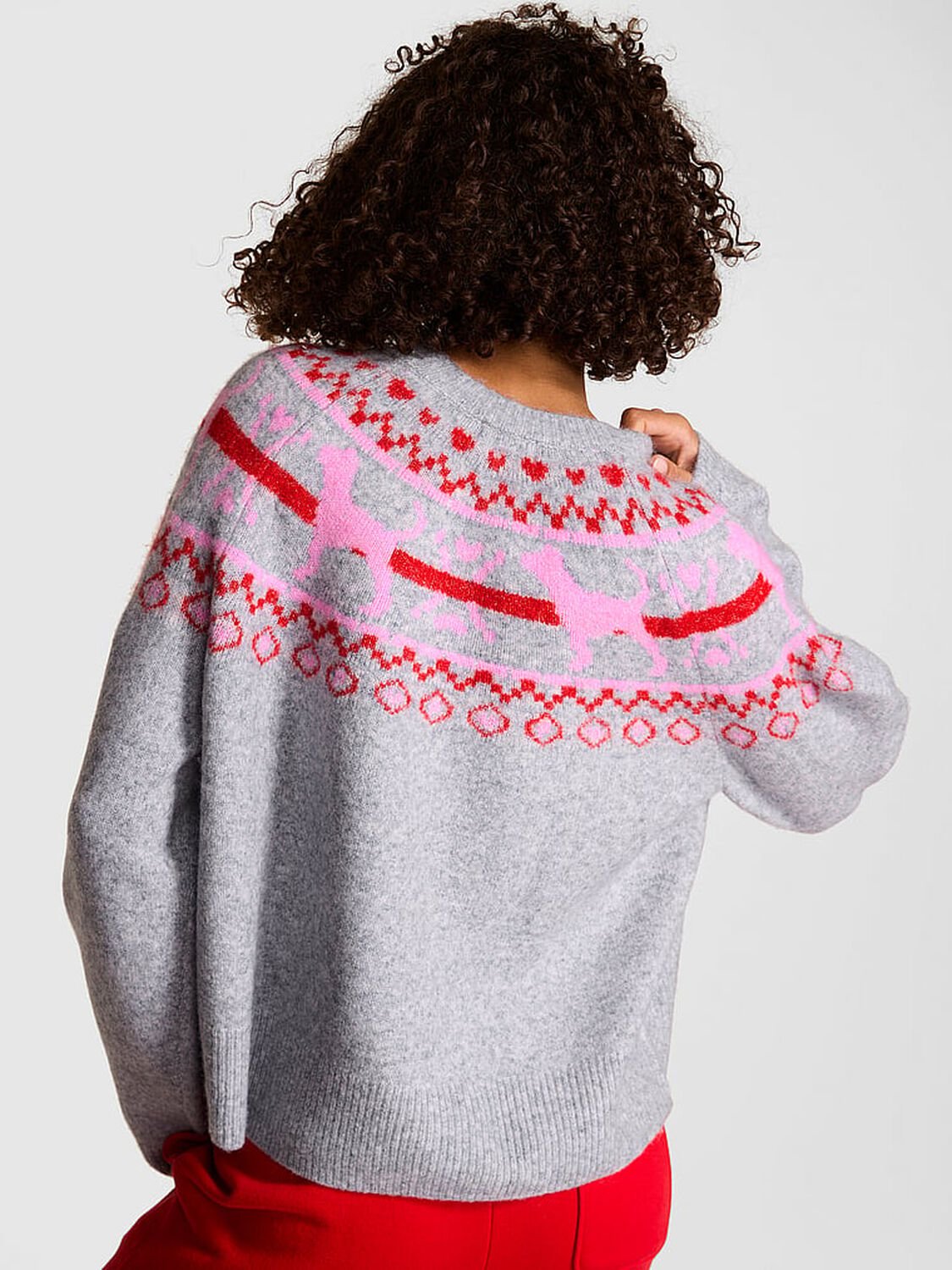 vs Pink Not Your Boyfriend&rsquo;s Boxy Sweater Medium Heather Grey Fairisle Dog 2 of 3 