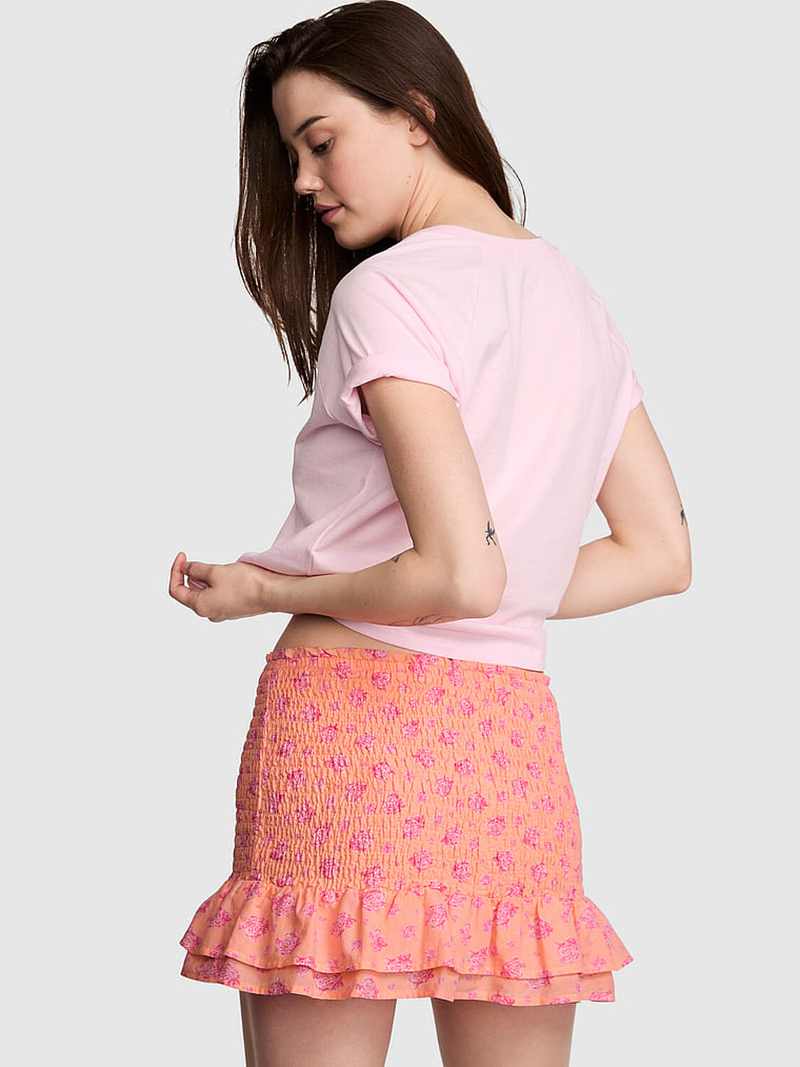 vs Pink Flirty Fit Smocked Mini Skirt Peach Floral 2 of 3 