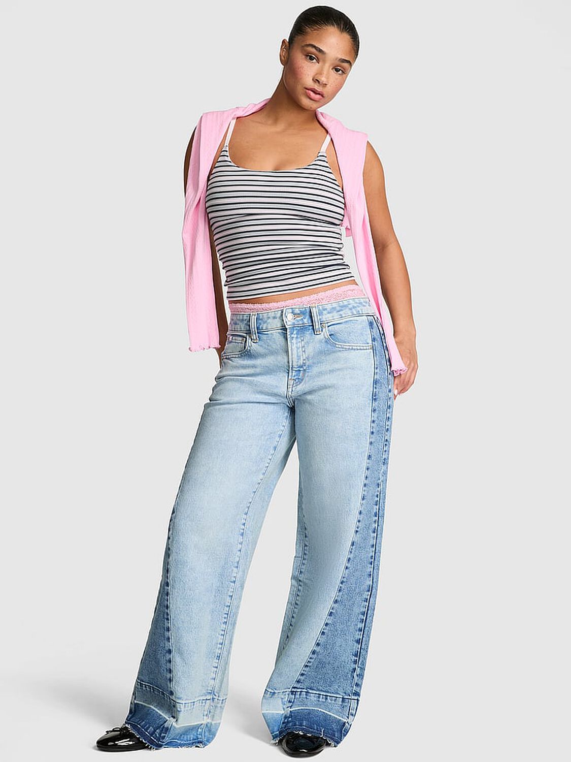 pink Pink Denim by PINK Mid-Rise Baggy Wide-Leg Jeans Light Wash Panel 1 of 3 