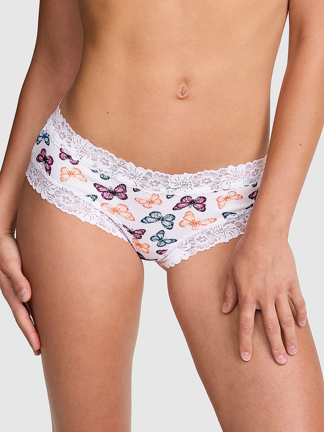 vs Pink Cotton Lace Trim Cheeky Panty Vs White Multi Color Butterfly 1 of 3 