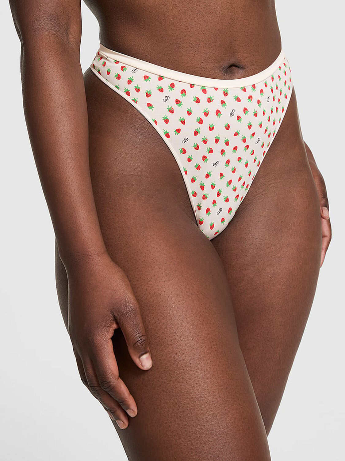 vs Pink Seamless High-Leg Thong Panty Winter White Strawberry Print 1 of 2 