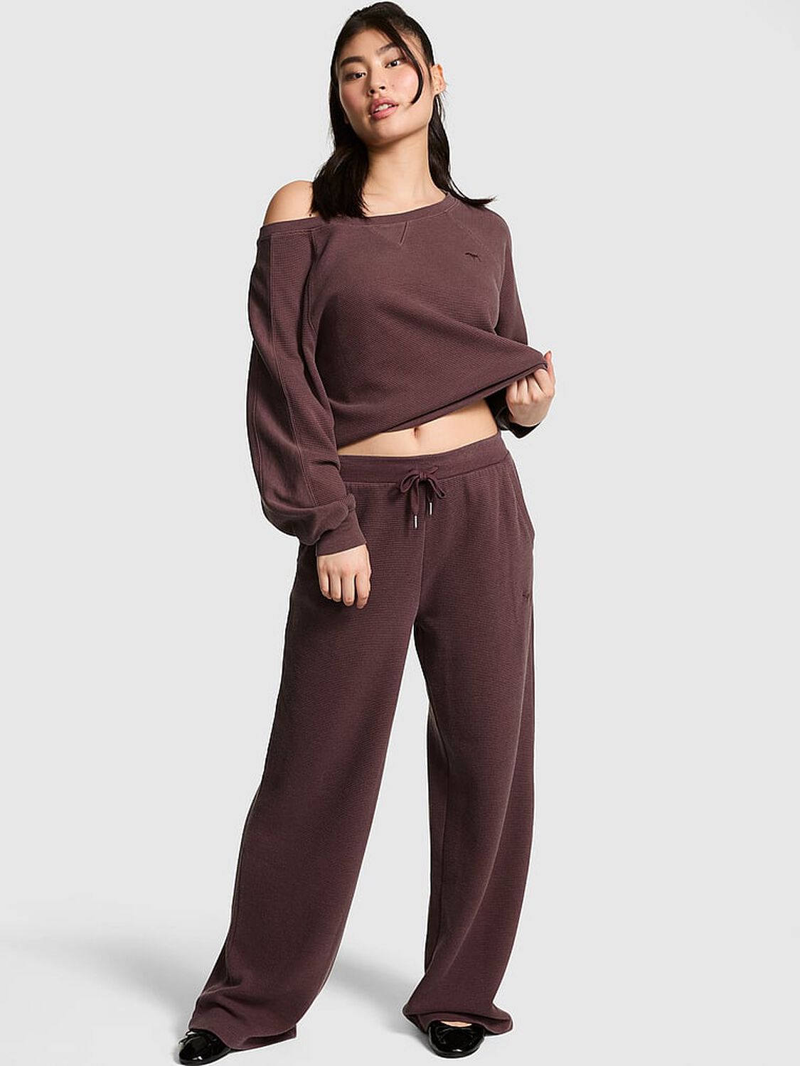 vs Pink Wondersoft Waﬄe-Knit Wide-Leg Pants Coco Crush 1 of 3 