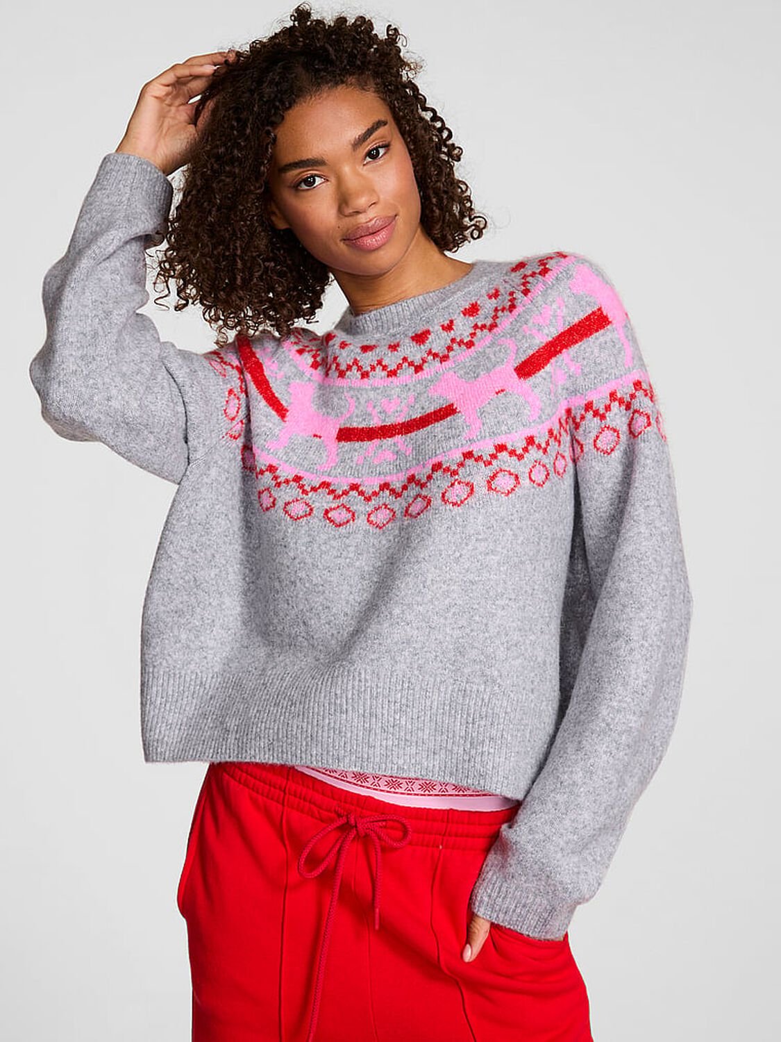 vs Pink Not Your Boyfriend&rsquo;s Boxy Sweater Medium Heather Grey Fairisle Dog 1 of 3 