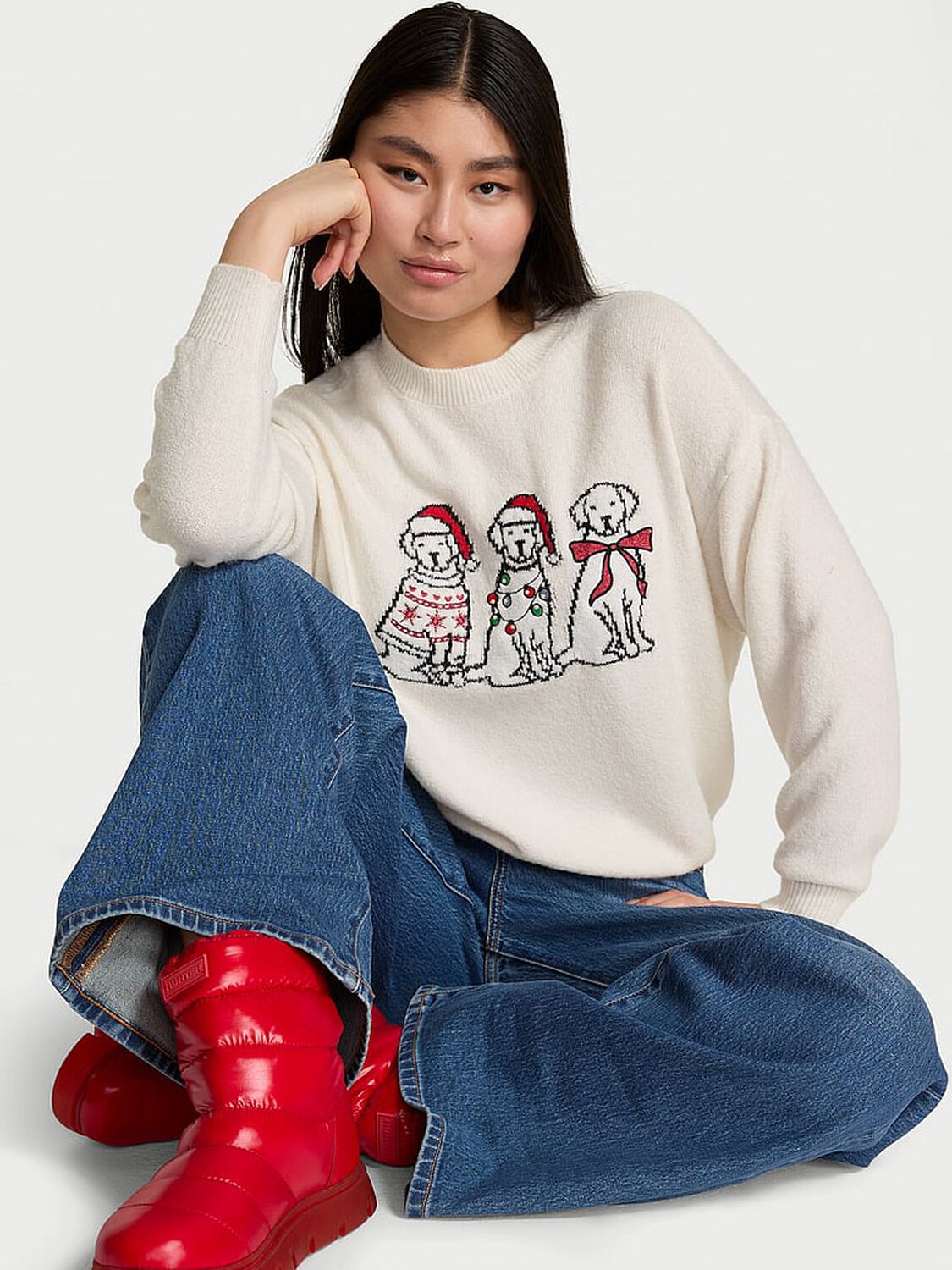 vs Pink Campus Knit Sweater Winter White Dog Santa'S Fave 1 of 3 