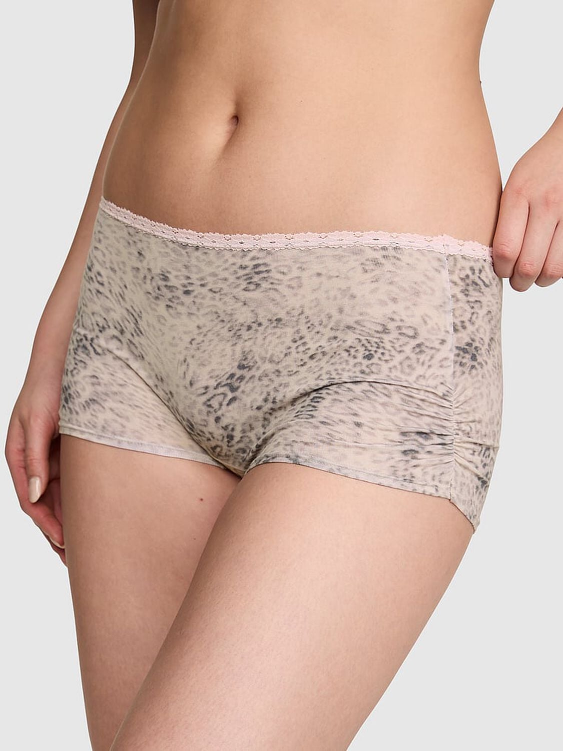 vs Pink Cotton Dorm Boyshort Panty Natural Leo Print With Pink Tulip Lace 1 of 3 