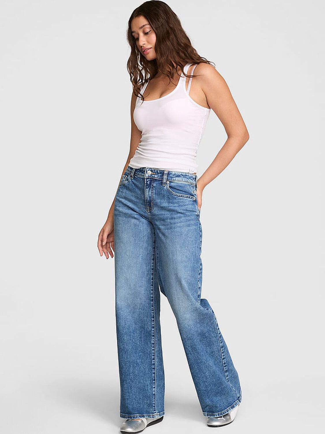 vs Pink Denim by PINK Mid-Rise Baggy Wide-Leg Jeans Medium Wash Floral Bling 1 of 3 